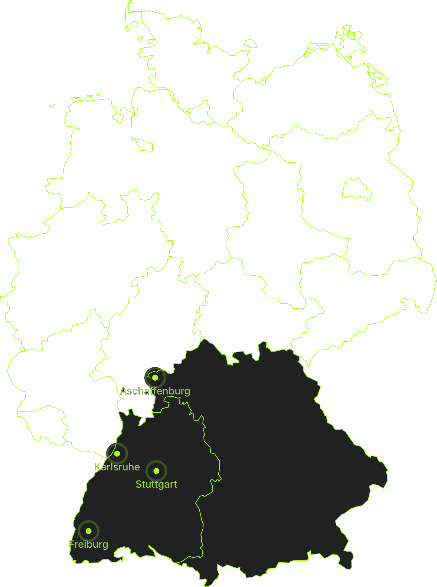 Deutschland Karte mit Standorten: Aschaffenburg, Karlsruhe, Stuttgart, Freiburg